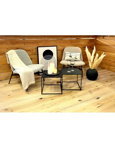 Fauteuil bas beige bouclette pieds métal noir