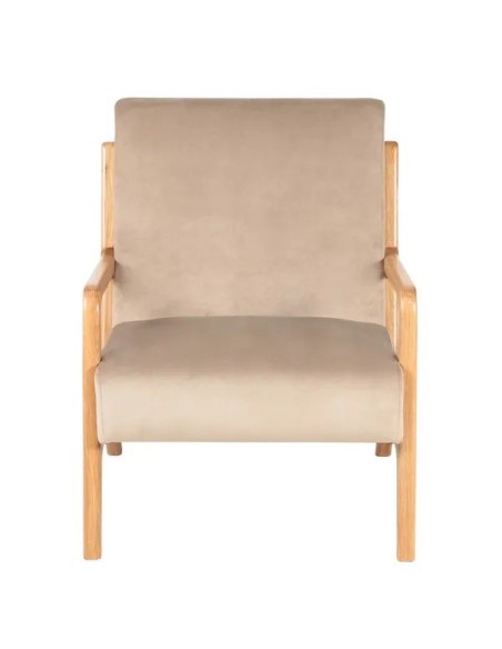 Fauteuil vintage velours beige piètement chêne massif ciré