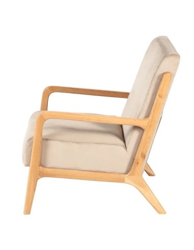 Fauteuil vintage velours beige piètement chêne massif ciré