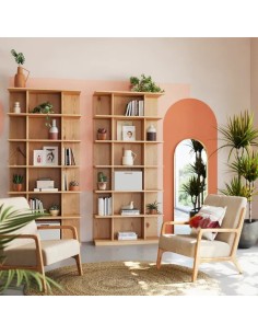 Fauteuil vintage velours beige piètement chêne massif ciré 2