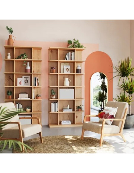 Fauteuil vintage velours beige piètement chêne massif ciré