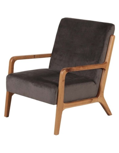 Fauteuil vintage velours beige piètement chêne massif ciré
