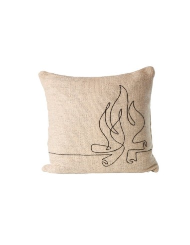 Coussin décoratif broderie feu de bois en coton écru