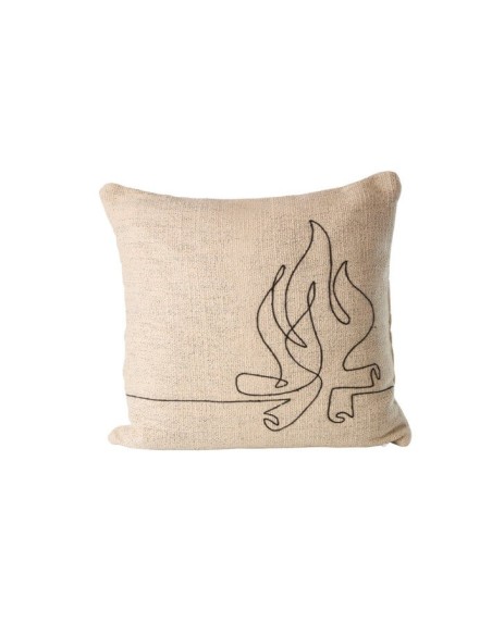 Coussin décoratif broderie feu de bois en coton écru