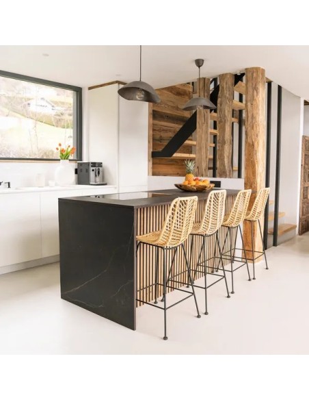 Chaise plan de travail en rotin et métal