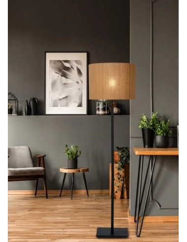 Lampadaire rotin et métal noir