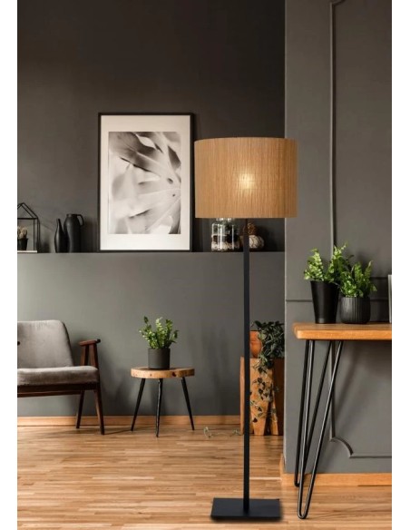 Lampadaire rotin et métal noir