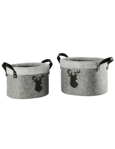 Set de 2 corbeilles ovales en feutrine grise motif tête de cerf