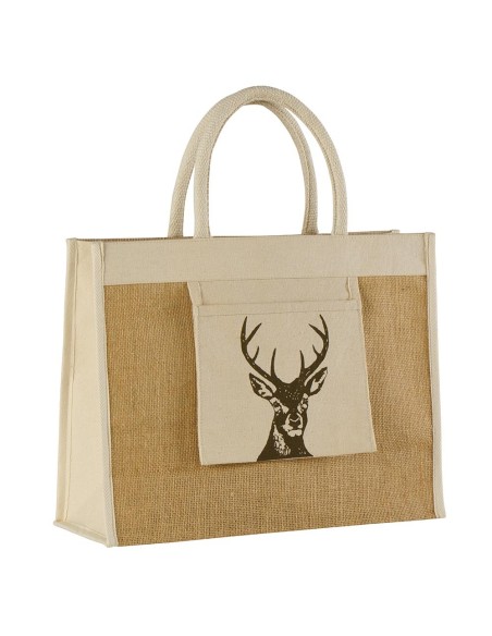 Sac rectangulaire en jute naturelle coton écru imprimé tête de cerf