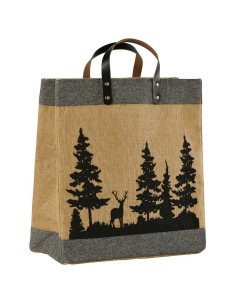 Sac décor sapins et cerf en jute naturelle et bordures tissu chiné gri