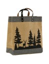 Sac décor sapins et cerf en jute naturelle et bordures tissu chiné gri