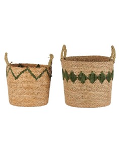 Set de 2 paniers naturel avec motifs géométriques verts, 2 anses