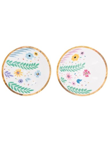 Corbeille ronde en manguier et résine décor fleurs