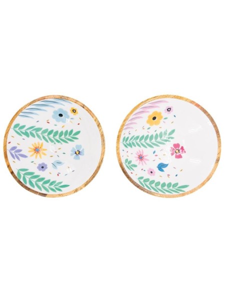 Corbeille ronde en manguier et résine décor fleurs