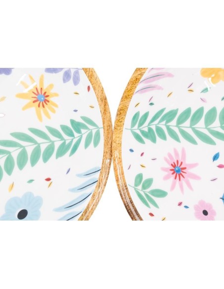 Corbeille ronde en manguier et résine décor fleurs