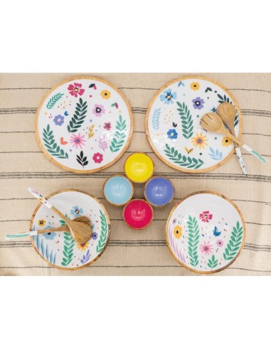 Paire de couverts à salade en manguier et résine décor fleurs