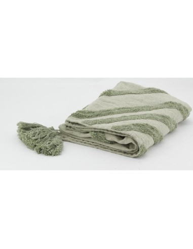 Plaid en coton tufté vert et kaki, avec pompons