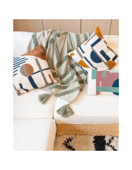 Plaid en coton tufté vert et kaki, avec pompons