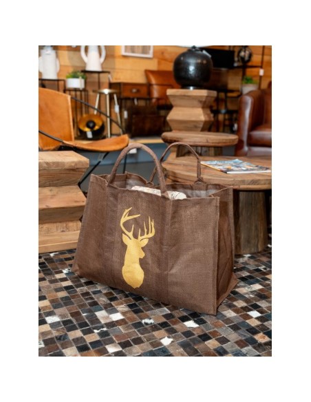 Sac à bûches marron en jute plastifiée avec cerf