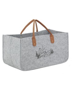 Sac à bûches en feutrine grise, décor montagne. 2 anses en PVC.
