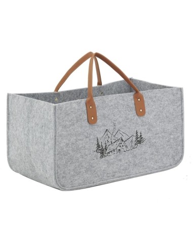 Sac à bûches en feutrine grise, décor montagne. 2 anses en PVC.