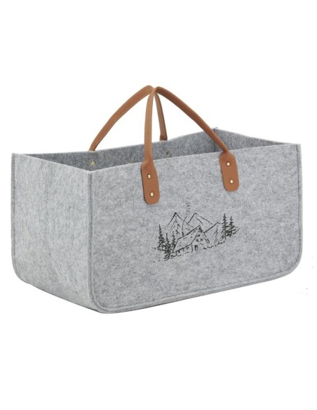 Sac à bûches en feutrine grise, décor montagne. 2 anses en PVC.