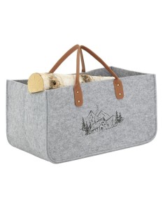 Sac à bûches en feutrine grise, décor montagne. 2 anses en PVC. 2