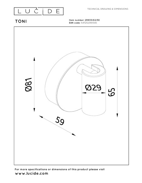 Lucide TONI - Spot mural / Applique mural Rechargeable - Batterie/Pile