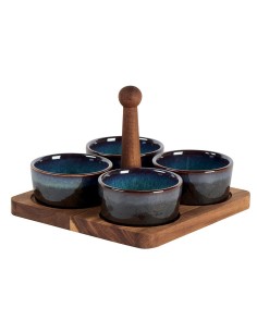 Ramequins en grès set de 4 sur plateau acacia