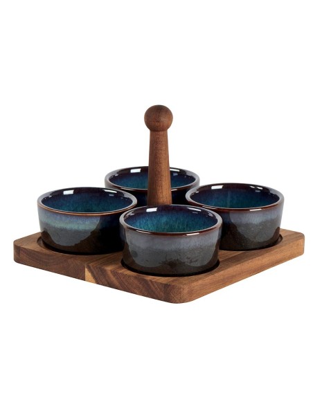 Ramequins en grès set de 4 sur plateau acacia