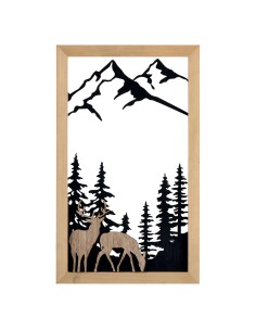 Cadre ajouré décor montagne, sapins et cerfs