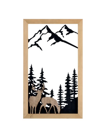 Cadre ajouré décor montagne, sapins et cerfs