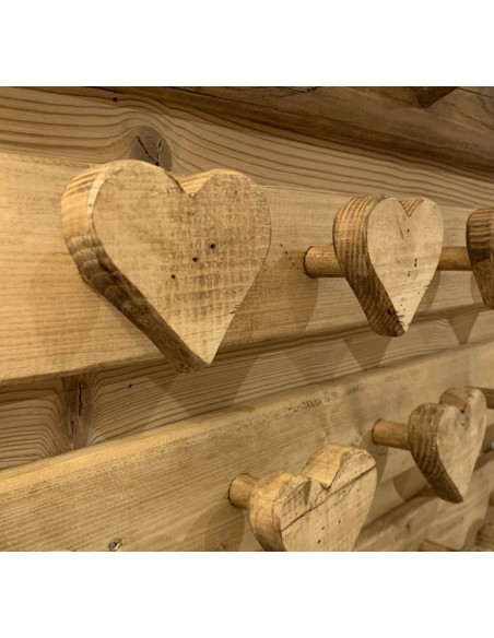Porte manteaux bois 5 patères cœur en pin massif ciré