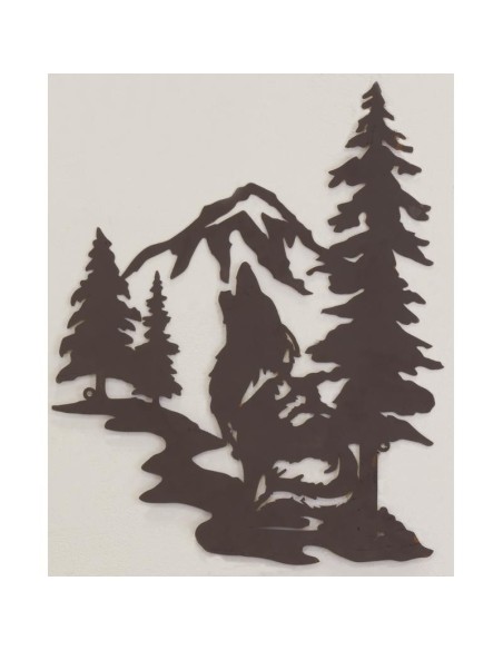 Décoration murale en métal vieilli Loup et Sapins